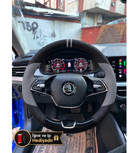 Skoda Kamiq Dikme Direksiyon Kılıfı Delikli Deri Parlak Siyah Gri Detay Çift Yüzük ve Dikiş 2019-2024