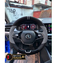 Skoda Kamiq Dikme Direksiyon Kılıfı Delikli Deri Parlak Siyah Gri Detay Çift Yüzük ve Dikiş 2019-2024