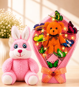 LED Işıklı Ayıcıklı Büyük Boy Kelebek Buketi ve Pembe Peluş Tavşan Anneye Arkadaşa Sevgiliye Kadına Hediye