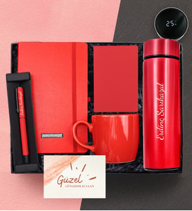 Kişiye Özel Kırmızı Dereceli Termos & Defter & Roller Kalem & Kupa & Mini Not Defteri Welcome Kit Hediye Seti