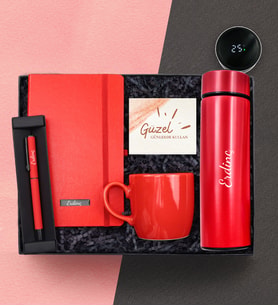 Kişiye Özel Kırmızı Dereceli Termos & Defter & Roller Kalem & Kupa Welcome Kit Hediye Seti