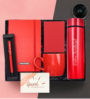Kişiye Özel Kırmızı Dereceli Termos & Defter & Roller Kalem & Kupa & Mini Not Defteri Welcome Kit Hediye Seti