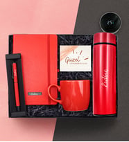 Kişiye Özel Kırmızı Dereceli Termos & Defter & Roller Kalem & Kupa Welcome Kit Hediye Seti