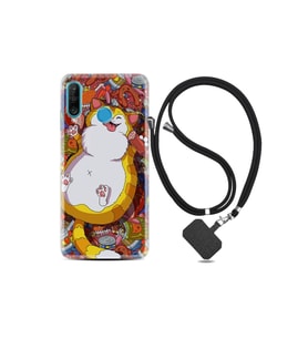 Huawei P30 Lite Kılıf Silikon Ipli Boyun Askılı Desenli Tombul Kedi 1739