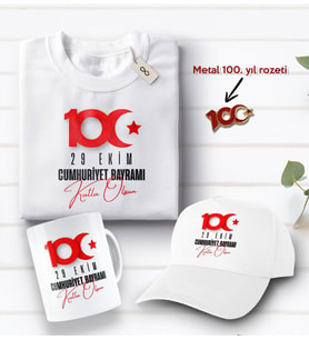 BK Gift 100. Yıl Hatırası Beyaz Tişört, Kupa Bardak, Şapka ve Metal Rozet Hediye Seti-1, 29 Ekim Hediyesi, Cumhuriyet Bayramı, 100.Yıl Hediyesi