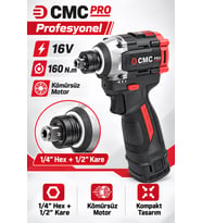 CMC Profesyonel 16V Kömürsüz Akülü Darbeli Vidalama – 160 Nm, Çift 2 Ah Akü, Çok Fonksiyonlu