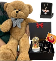 Renkli Zümdürü Anka Kuşu Kolyeli Fotoğraflı Premium Set - Büyük Boy Kahve Peluş Ayıcıklı (Model 7)