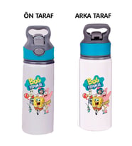 Sunger Bobbb Baskılı Mavi Pipetli Metal Suluk-650ml. (Sarı-Ekru)