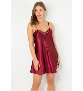 İnce Askılı Güpürlü Mini Saten Gecelik (Bordo)