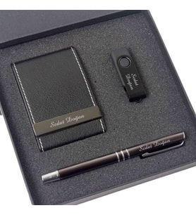 İsme Özel Siyah Kartvizitlik Usb ve Tükenmez Kalem Seti (Model 1)