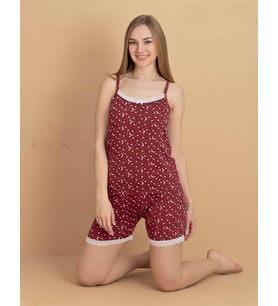 Pijamerry Kadın İp Askılı MİLAN Kumaş Likralı Şortlu Pijama Takımı 5968 - 1 Adet (Bordo)