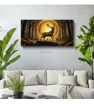 Yatay Panoramik Kanvas Tablo Ormanda Geyik Hayvan Tablosu Ev Ofis Duvar Dekoru