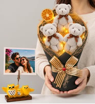 Kişiye Özel Fotoğraflı LED Işıklı Peluş Ayıcık Buketi (Gri) ve Baykuş Fotoğraf Tutucu