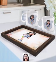 BK Gift Kişiye Özel Kadın Tenis Oyuncusu Karikatürlü Doğal Ahşap Tepsi ve 2’li Kupa Bardak Seti-1