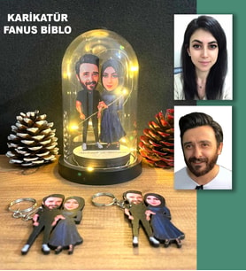 KİŞİYE ÖZEL EVLİ, SEVGİLİ, ÇİFT , GELİN DAMAT  IŞIKLI KARİKATÜR FANUS BİBLO VE 2 ANAHTARLIK SET m1
