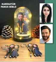 KİŞİYE ÖZEL EVLİ, SEVGİLİ, ÇİFT , GELİN DAMAT  IŞIKLI KARİKATÜR FANUS BİBLO VE 2 ANAHTARLIK SET m1