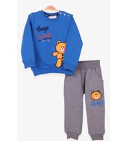 Breeze Erkek Bebek Eşofman Takım Ayı Nakışlı 9 Ay-3 Yaş, Saks Mavisi