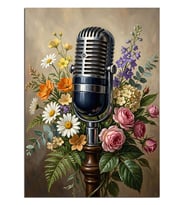 Çiçekli Mikrofon Vintage Müzik Tablosu Dekoratif Kanvas - Mdf Ahşap Tablo