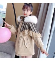 MODAVALS İTHAL KÜRKLÜ KAZ AYAĞI DESENLİ DANTELLİ BELİ BAĞCIKLI KIZ ÇOCUK MONT - BEJ
