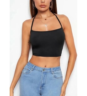 Liona Kadın Düz Yaka Sırt Açık Siyah Super Crop Top Bluz