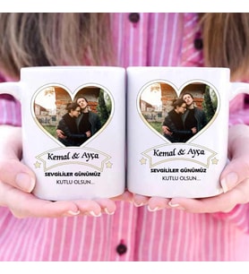 İsme Özel ve Fotoğraflı Sevgililer Günümüz Kutlu Olsun İkili Kupa Bardak