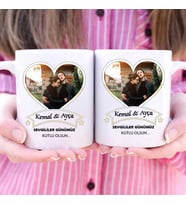 İsme Özel ve Fotoğraflı Sevgililer Günümüz Kutlu Olsun İkili Kupa Bardak