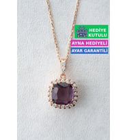 Jewelmim Mor Taşlı Gümüş Prenses Kolye Rose Altın Kaplama Kare Taşlı Kolye 925 Ayar Kadın Gümüş Kolye (Rose)