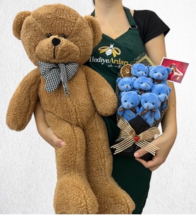Büyük Boy Kahverengi Peluş Ayıcık ve Fotoğraflı 7'li Peluş Ayıcık Buketi (Model 1)