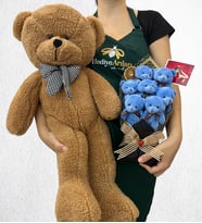 Büyük Boy Kahverengi Peluş Ayıcık ve Fotoğraflı 7'li Peluş Ayıcık Buketi (Model 1)