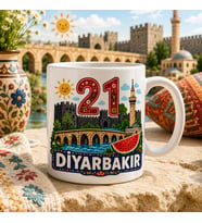 Diyarbakır Temalı Memleket Kupası – 21 Diyarbakır Surları Tarihi Köprü Karpuz ve Şehir Simgeleri Renkli Baskılı Seramik Kupa