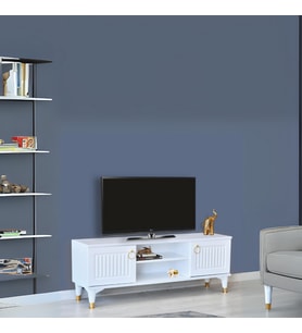 Eva Tv Sehpası Beyaz Gold Kulplu Kapaklı Raflı Yüksek Ayaklı Sehpa 130x36x50 Cm
