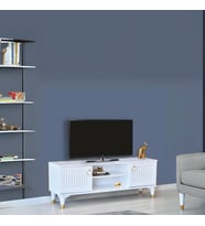 Eva Tv Sehpası Beyaz Gold Kulplu Kapaklı Raflı Yüksek Ayaklı Sehpa 130x36x50 Cm