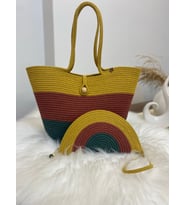 Hasır Çanta Jüt Çanta Özel Dikiş Plaj ve Günlük Kullanım 48 Cm Çanta Ve Cüzdan Seti