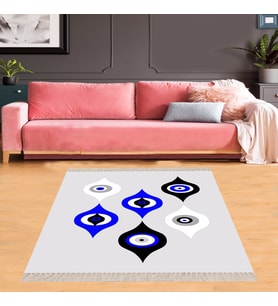 Nazar Boncuğu Göz Desenli Dijital Baskı Yıkanabilir Kaymaz Taban Modern Salon Halısı ve Yolluk (Açık Gri)