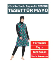 Premium Yüksek Kalite Konforlu Fermuarlı Tam Kapalı Yüzücü Deniz Havuz Desenli Taytlı TESETTÜR MAYO (Mavi)