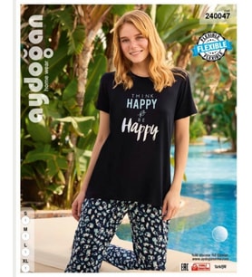 Aydoğan Homewear -Think Happy be Happy- Yazılı Viskon Yazlık Pijama Takımı (Çok Renkli)