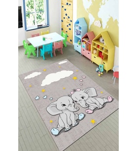 Gri Kaymaz Tabanlı Filli Bebek Halıları Çocuk Halısı KD120