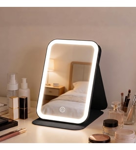 LED Işıklı Katlanabilir Makyaj Aynası - 3 Renk Işık Modlu, Dokunmatik ve Ayarlanabilir Parlaklık (Kısılabilir) - Kılıflı Taşınabilir Seyahat Boy - Masaüstü Kozmetik Aynası (Siyah)