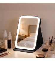 LED Işıklı Katlanabilir Makyaj Aynası - 3 Renk Işık Modlu, Dokunmatik ve Ayarlanabilir Parlaklık (Kısılabilir) - Kılıflı Taşınabilir Seyahat Boy - Masaüstü Kozmetik Aynası (Siyah)