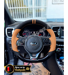 Kia Sportage QL Dikme Direksiyon Kılıfı Delikli Deri Parlak Siyah Taba Detay Çift Yüzük ve Dikiş 2015-2018