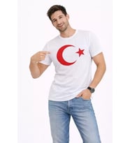 Erkek T-Shirt Kısa Kol Bisiklet Yaka Ay Yıldız Bayrak Baskılı Tişört - Beyaz
