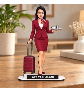 Kişiye Özel Kadın Hostes Karikatürlü 18 cm MDF Masaüstü Biblo - Kadın Hostes Hediyesi Yeni İş ve Meslek Hediyesi