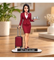 Kişiye Özel Kadın Hostes Karikatürlü 18 cm MDF Masaüstü Biblo - Kadın Hostes Hediyesi Yeni İş ve Meslek Hediyesi