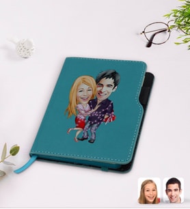 BK Gift Kişiye Özel Sevgililer Karikatürlü Turkuaz Termo Deri Defter-2