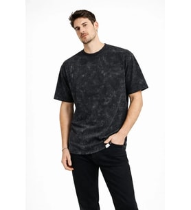 pilelistore- Erkek Asit Yıkama Bisiklet Yaka Kısa Kollu Oversize T-Shirt Tişört - Siyah