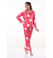 Young polka dot silk satin shirt women pajama set 5620 (Pembe)