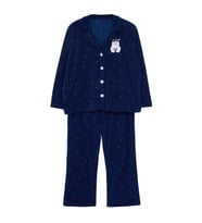 Tarz Rahat Büyük Beden Uzun Kollu Boru Paça Puantiyeli Örme Pijama Takımı (Lacivert)