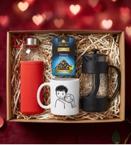 Kırmızı Matara & Çiftlere Özel Sevgili Tasarımı Baskılı Kupa & Aromalı Çay & French Press Hediye Seti