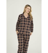 %100 Pamuk Kadın Apaj Yaka Boydan Düğmeli Pijama Takımı (Bej)