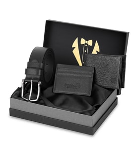 Polo Air Erkek Damat Çeyiz Bohçası %100 Hakiki Deri Cüzdan Kartlık Kemer Seti Siyah Renk DM-8002-S (Siyah)
